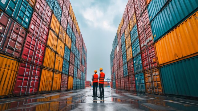  Team of logistics professionals workers checking stock standing amidst towering cargo containers, two men in high-visibility vests and safety helmets between rows of multicolored shipping stack