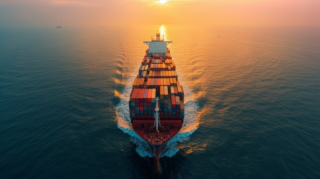 Aerial view captures the vibrant hustle of a shipping port at dusk, stacked colorful containers and busy cranes against the calm sea. Birds-eye shot showcases bustling cargo dock shipping by sea