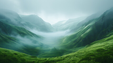 green valley with fog