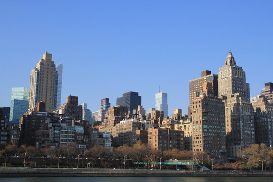 New York City, Manhattan skyline from East River waterfront in New York City, United States.