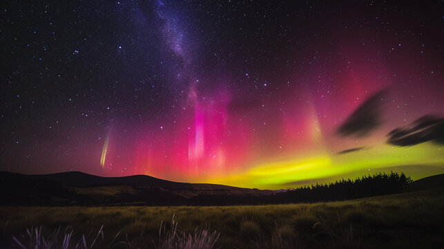 Aurora Borealis and Australis: Photograph the Northern Lights (Aurora Borealis) or Southern Lights (Aurora Australis) dancing across the night sky. Generative AI