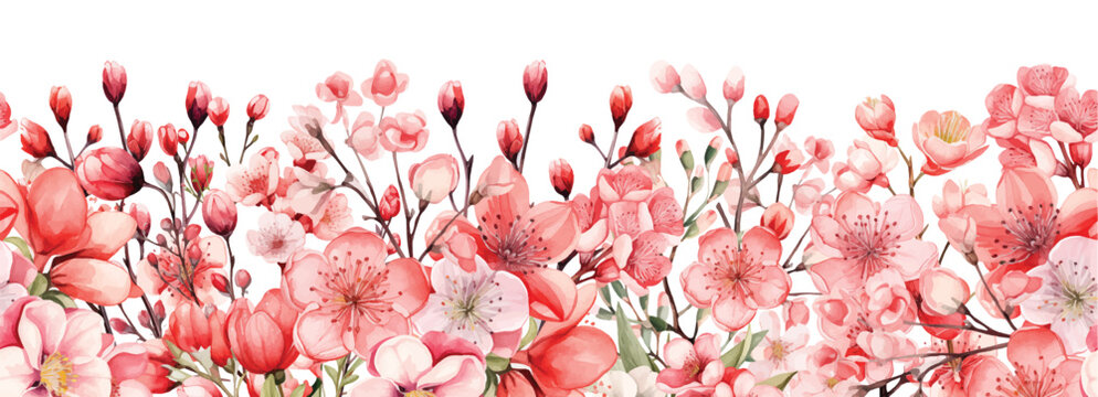 Watercolor seamless border with pink wild flowers for Valentines day romantic illustration