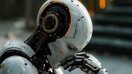 Fototapeta premium Cybernetic robot thinking with its head down.