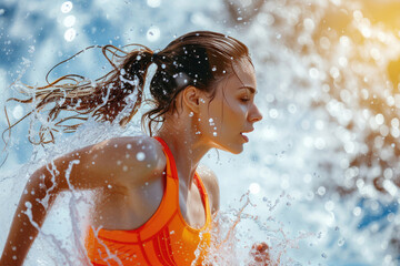 Obraz premium Beautiful young girl with athletic body in bright top runs in rain. Splashes of water on female body. Running and endurance.