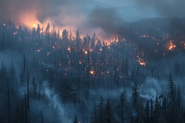 Catastrophic forest fires create a fiery spectacle, with trees engulfed in flames and the sky painted with smoke, 