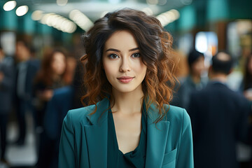 Asian woman wearing green jacket stands confidently in front of diverse group of people. She is focal point of image as group looks towards her. Setting appears to be an outdoor gathering or event