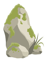 Fototapeta premium Rock stone formations. Small boulder mountain with grass and moss, big icon with rocky texture, heavy piles. Cobblestones of various shapes, hard rock rubbles. cartoon background