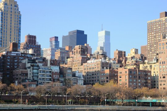 New York City, Manhattan skyline from East River waterfront in New York City, United States.