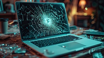 Laptop on a table with broken screen.
