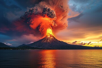 Fototapeta premium Volcanic chaos: molten lava spews from the crater, creating a striking image of Earth's dynamic forces