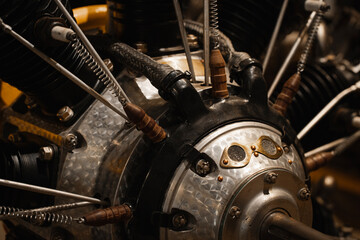 Old mechanic plane engine, historic retro radial motor part with closeup details - obrazy, fototapety, plakaty
