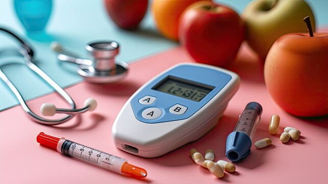 Glucometer and pills to control diabetes.