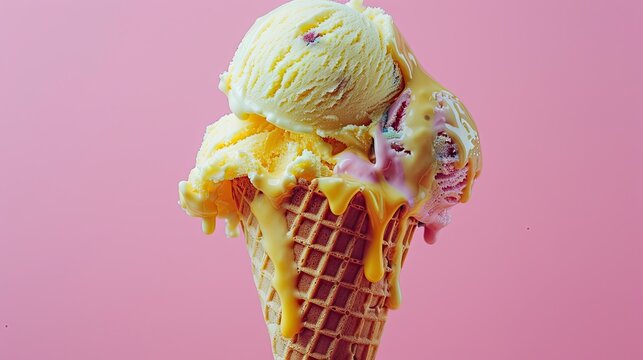 Wafel cone with two scoops of ice cream. Icream of mint and yellow color. Melting ice cream