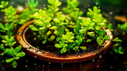 Top down view of Crassula ovata succulent plant in a pot on a wooden table, illuminated by natural light. Perfect indoor decoration concept.