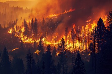 Dramatic view of a forest in the midst of a wildfire, with flames licking the treetops and smoke filling the horizon, Photo --ar 3:2 --stylize 50 --v 6 Job ID: 68fd1296-f695-426a-acb1-bc5d2a6f61a4