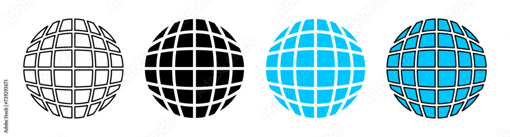 Poster internet web and globe icon set with fill and outline in black and blue color on white background. f