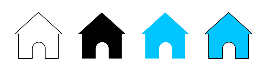 Home icon set with fill and outline in black and blue color on white background. House flat icon set in different styles - Vector Icon