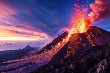 Volcanic chaos: molten lava spews from the crater, creating a striking image of Earth's dynamic forces - obrazy, fototapety, plakaty
