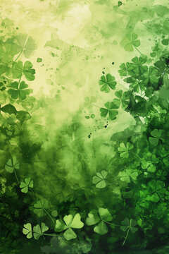 Saint Patric's day beautiful green background with clover leaves. Very Irish watercolor illustration. Ireland culture and holiday.