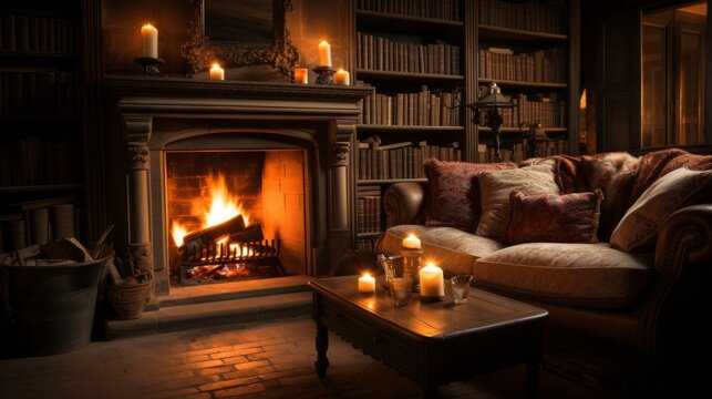 An inviting fireplace room, the fire crackling softly, a thick rug on the floor, and a stack of books waiting to be read, the room embodying warmth, relaxation,