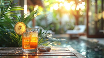 a glass ice lemon tea served on the wooden table, with background of tiny courtyard on the backyard of urban building. incorporating plants, rock and outdoor furniture.