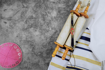 Jewish Orthodox holidays symbols prayer shawl tallit, prayer holy torah scroll, kippah - obrazy, fototapety, plakaty