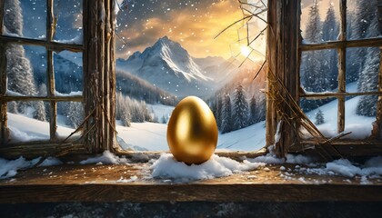 golden egg with winter wonderland background