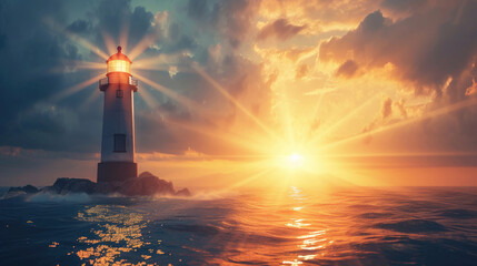 lighthouse with glowing rays on the seashore illuminates the path, sunrise, orange light