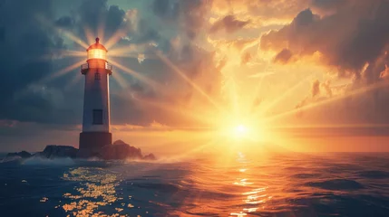 Fotobehang lighthouse with glowing rays on the seashore illuminates the path, sunrise, orange light © yanapopovaiv