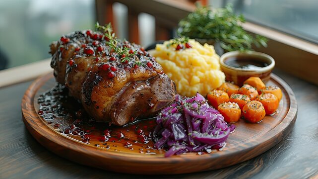 Slow Roasted Lamb Shank, creamy mash, braised red cabbage & roasted carrots