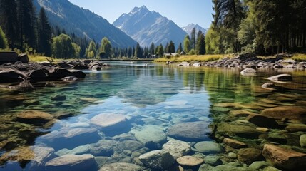 Alpine lake surrounded by snow-capped mountains, crystal clear water revealing the rocky bottom, pristine and untouched nature, Photography, high-resolution ima