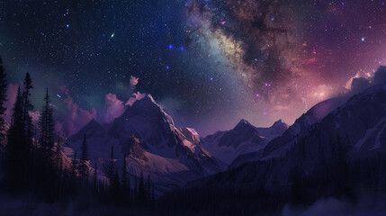 Starry Nightscapes: Capture the night sky filled with stars above picturesque landscapes, such as mountains, forests, or deserts. The contrast between the dark sky. Generative AI