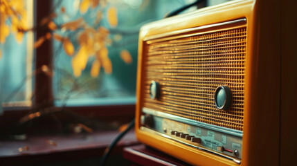 close-up, old retro radio near the window with autumn yellow leaves, shot at an angle, nostalgia,