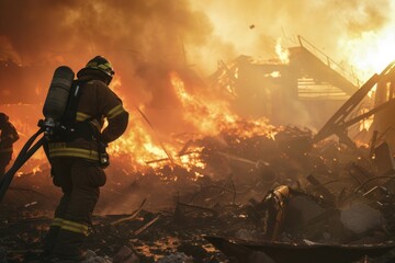 Fototapeta premium two firefighters are fighting a large fire with a hose