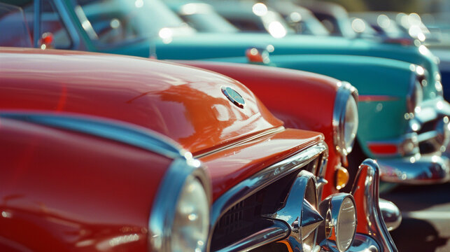 Vintage Car Show: Document a gathering of retro cars at a vintage car show or classic car rally, showcasing a variety of makes and models from different eras. Generative AI