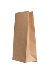 Brown paper bag, small craft pouch, package. Beige sack mockup, angle view isolated on white
