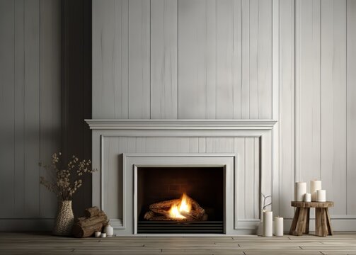 3d render cozy interior design with fireplace and firewood