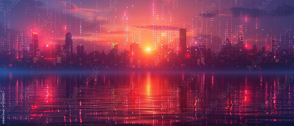 Poster using big data and smart city dots with a gradient line. night time city banner with big data from b