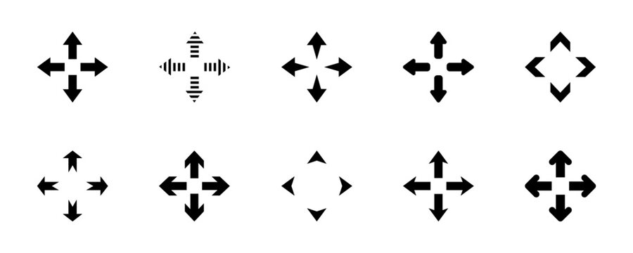Set of four directions vector arrows : up, down, right and left. Arrows fours ways or paths. Vector 10 Eps.