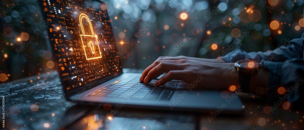 Leinwandbilder Data protection concept using cloud computing and data management with cybersecurity. Businessman using laptop computer with digital padlock on internet technology networks.