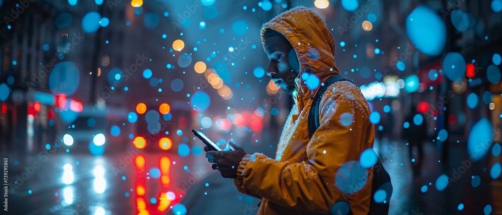 Aufkleber An individual using a mobile smart phone with a global network connection. He is using technology, innovation, and communication tools.