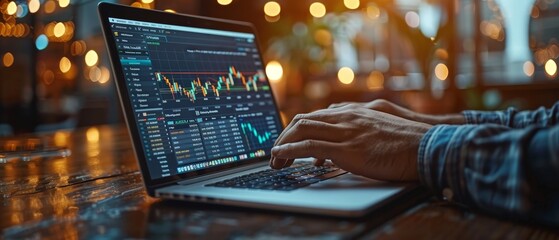 Typing keys on laptop. Project Manager Research Process. Business Team Working Startup modern office. Virtual Strategy icon. Innovation Graphs Interfaces. Market stock analysis. Blurry background.