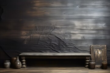 Rustic wooden table against textured plank wall with vintage accents and black cloth