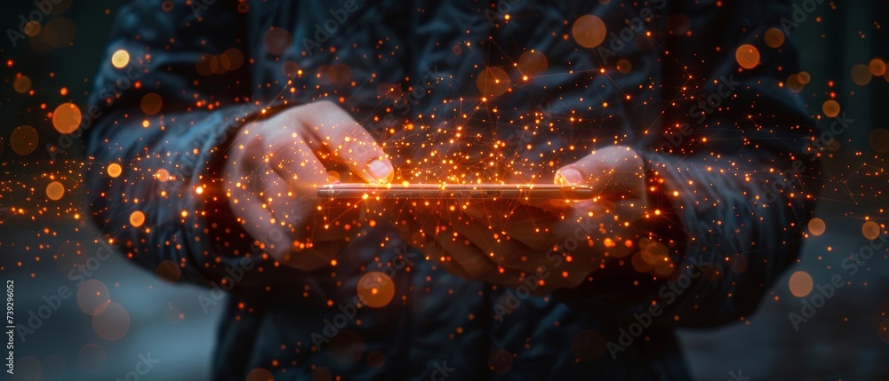 Poster businessman using mobile smartphone to connect to investor and customer on global network. technolog