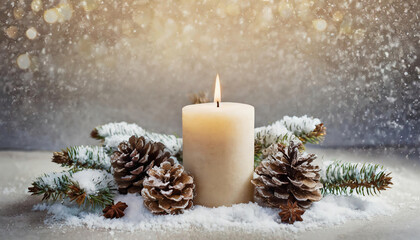 Obraz na płótnie Canvas Christmas decoration with burning candle, fir branches, cones on snowing background. copy space for your text