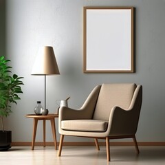 mockup picture frame is hanging on the wall above a chair