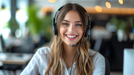 person in the office,  woman works on pc with headphones and microphone, call center