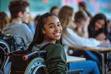 Diverse group of young people chatting in college class including female student with disability