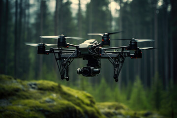 Flying drone with mountain and forest background