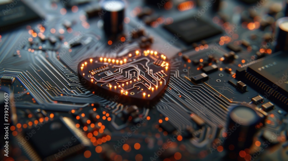 Poster romantic heart in the form of a microcircuit or chip. ai generative.